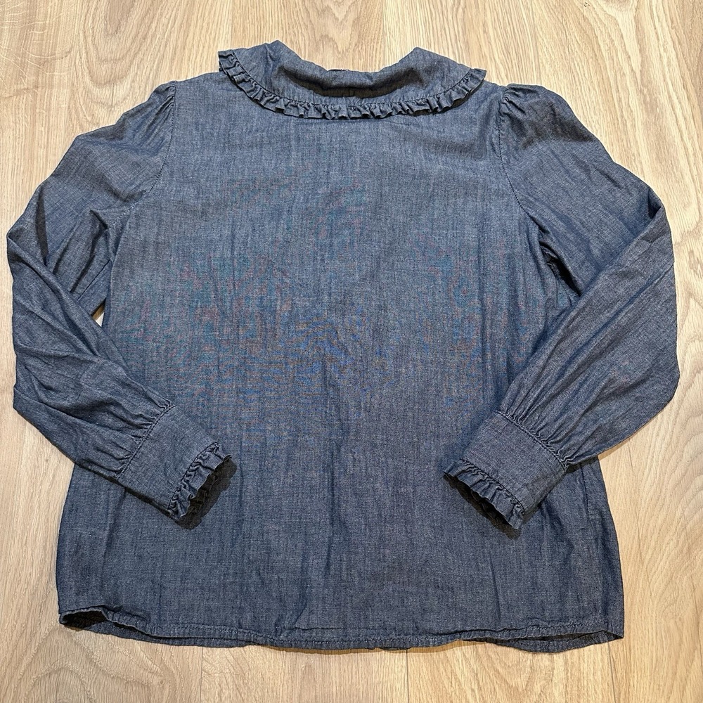 Boden Denim Statement Collar Blouse Top size 12 Ruffle Cottagecore Read Wife EUC - Picture 9 of 9